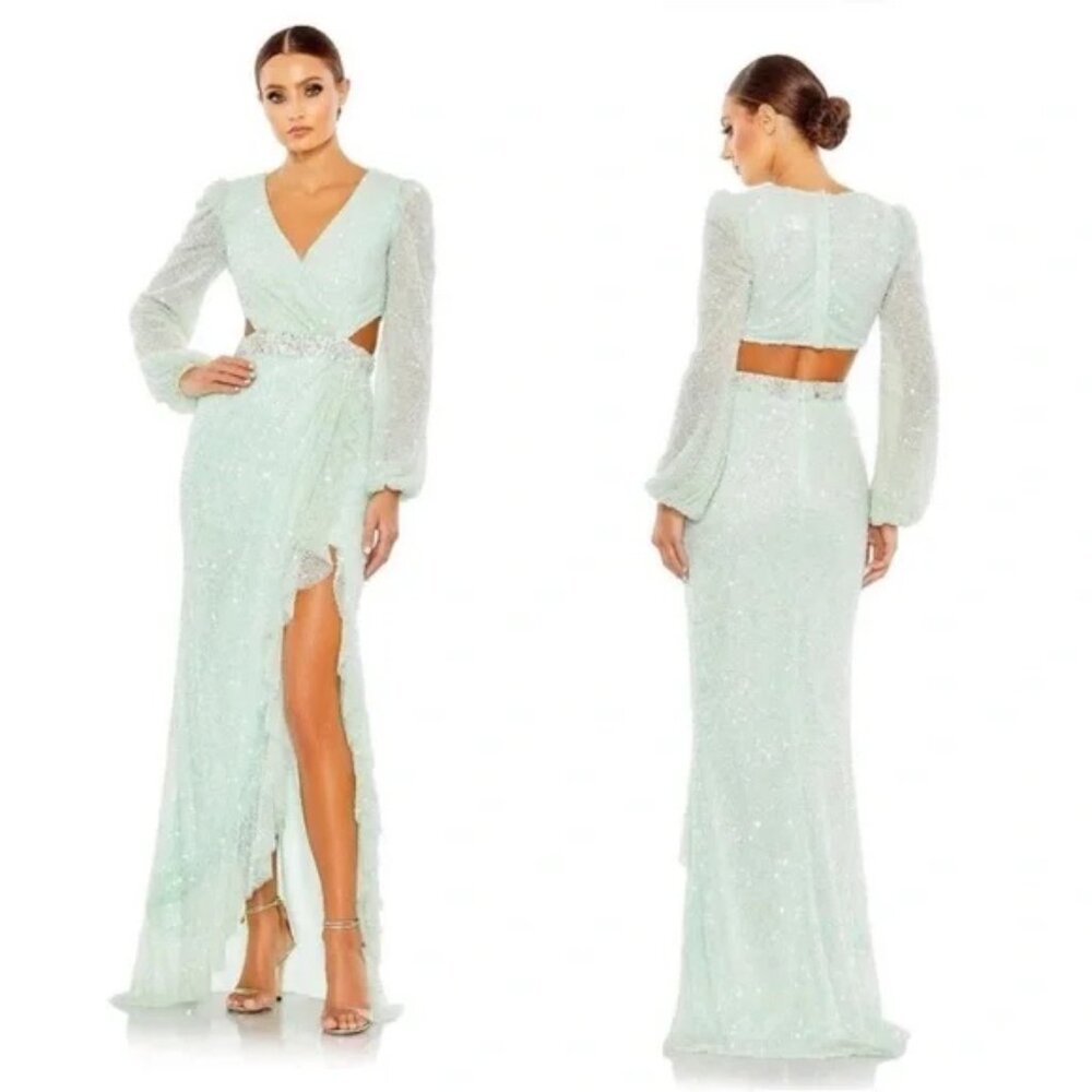 Mac Duggal 5745 Mint Long Sleeve V Neck Cut Outs High Slit Maxi NEW Size‎ 8